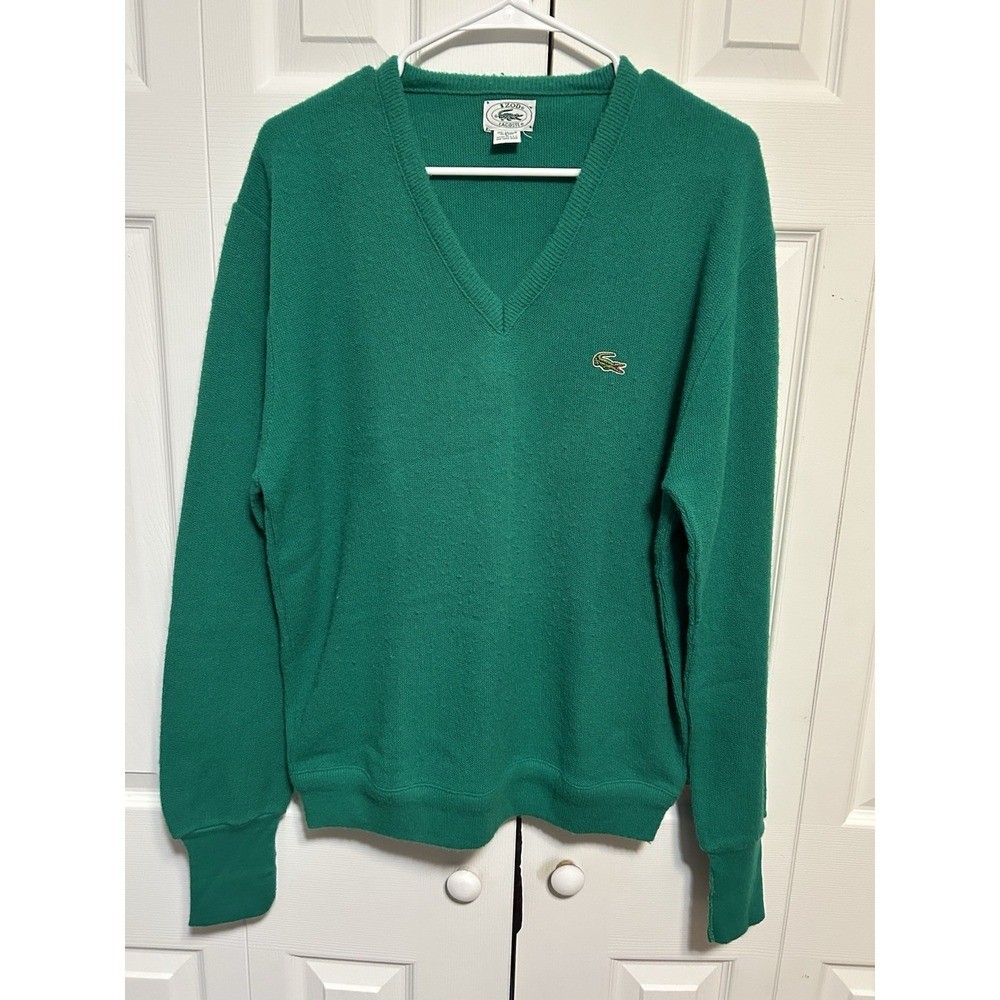 Izod Lacoste Vintage V-Neck Acrylic Sweater, 70-80's Made In USA Kelly Green L